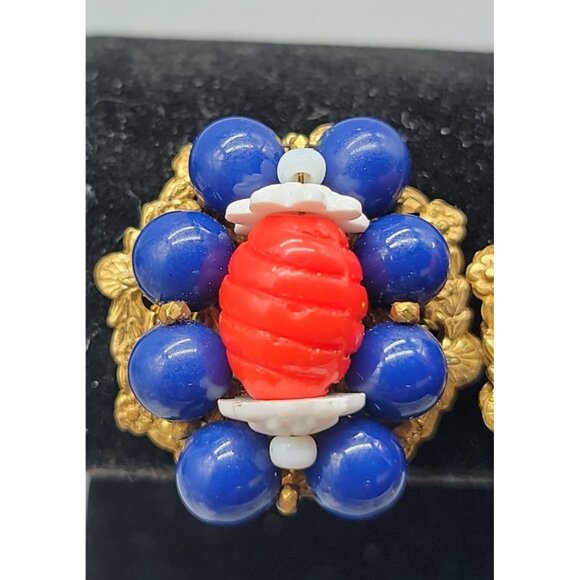 Miriam Haskell Patriotic Bead Cluster Clip On Earrings Rare Vintage Signed Pat # - Picture 9 of 12